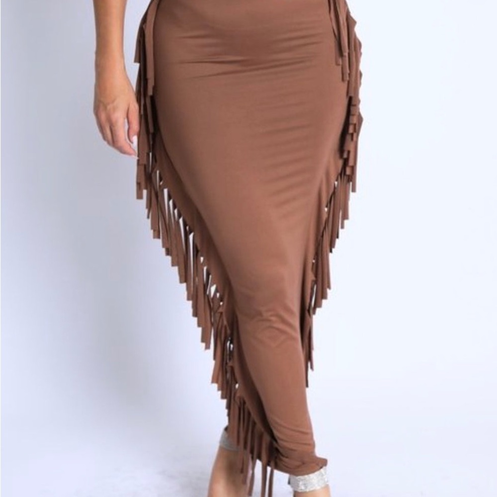 Fringe Detail Brown Skirt
